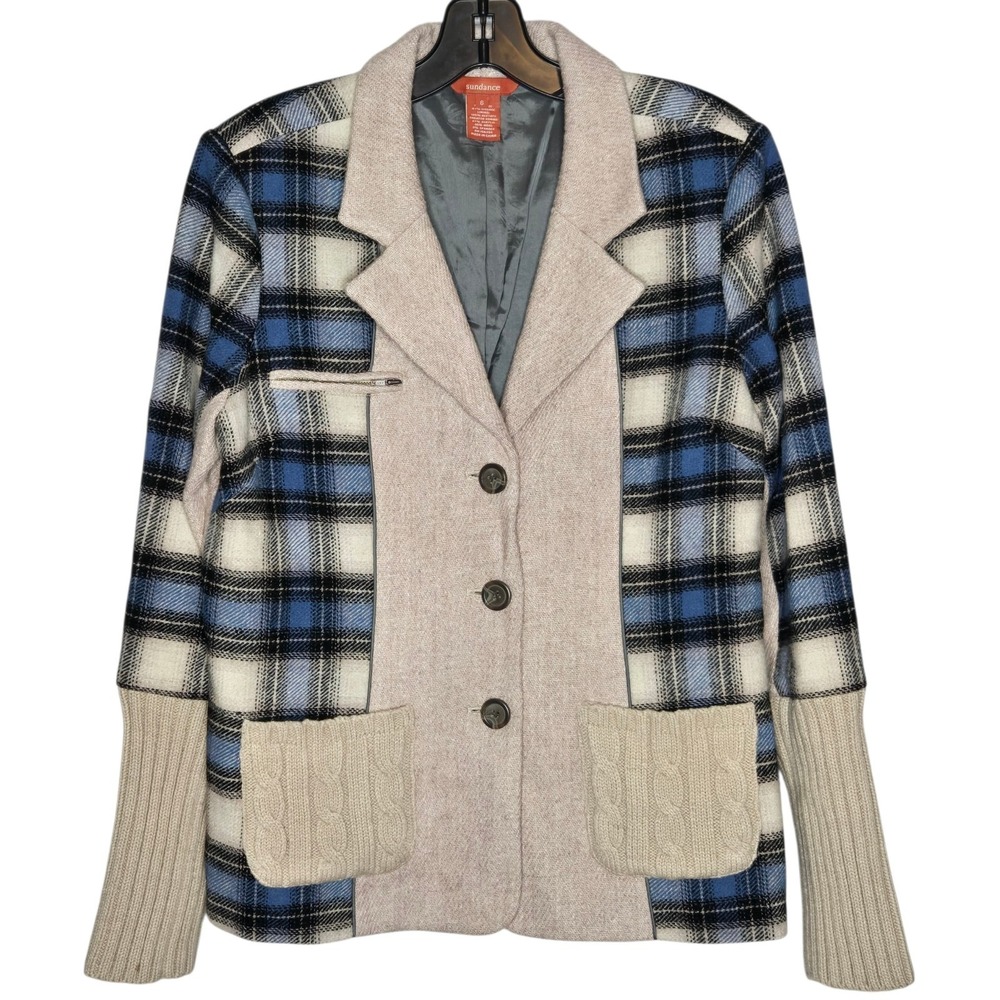 Sundance Dark Academia Wool Plaid Blazer Size 6 Blue Check Cable Knit Jacket